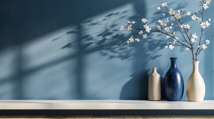 A stylish living area with a deep blue wall, light pine floors
