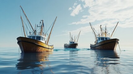 Obraz premium Three fishing boats with nets in the sea, in a blue color, with a clear sky and daylight, photorealistic