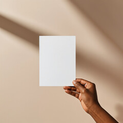a minimalistic postcard mockup. plain white paper with no held in an african american woman's hand. neutral-toned background