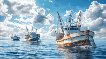 Obraz premium Three fishing boats with nets in the sea, in a blue color, with a clear sky and daylight, photorealistic