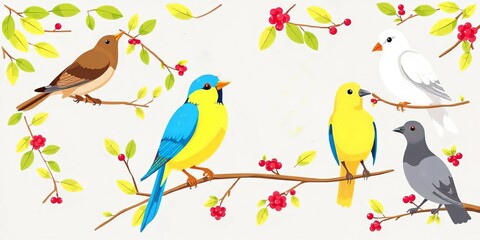 Fototapeta premium Colorful Birds Perched on Branches with Berries