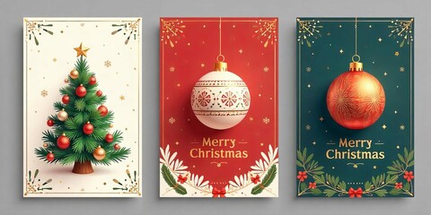 Three Christmas card designs featuring festive ornaments and trees