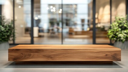 Modern wooden display platform in a blurred modern interior setting.