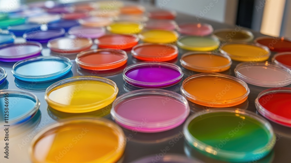 Poster a vibrant display of rows of colorful petri dishes on a laboratory counter, showcasing scientific ex