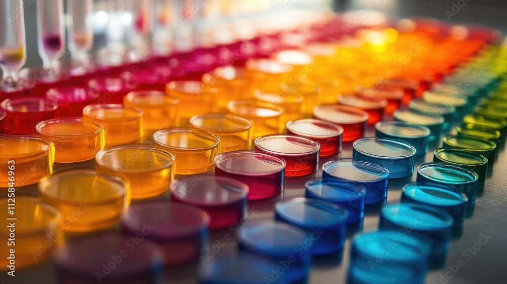 Poster a vibrant display of rows of colorful petri dishes on a laboratory counter, showcasing scientific ex