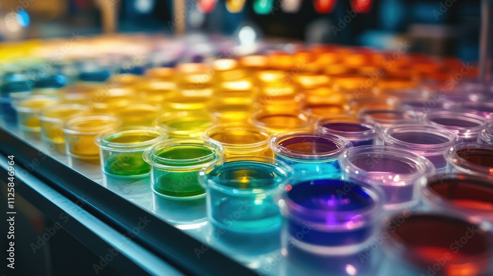 Poster a vibrant display of rows of colorful petri dishes on a laboratory counter, showcasing scientific ex