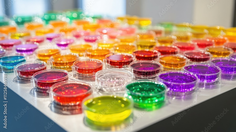 Poster a vibrant display of rows of colorful petri dishes on a laboratory counter, showcasing scientific ex