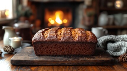 A loaf of bread is placed on a wooden board in a rustic kitchen. The warm glow of the fireplace creates a cozy atmosphere, perfect for enjoying homemade baked goods during autumn.