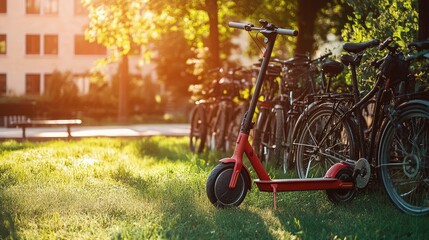 Bright Morning Scene Featuring a Red Electric Scooter Parked on Lush Green Grass Amidst Bicycles in a Sunlit Urban Park Environment