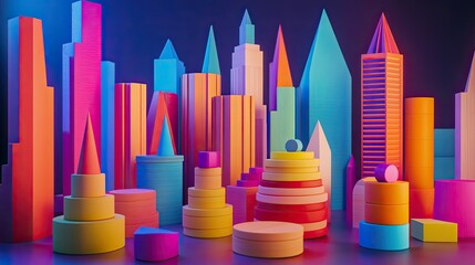A vibrant neon cityscape with towering futuristic buildings as the backdrop to colorful wooden stacking toys arranged in playful symmetry.