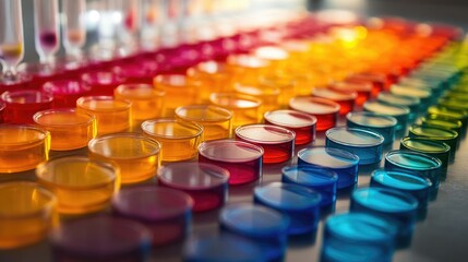 A vibrant display of rows of colorful petri dishes on a laboratory counter, showcasing scientific exploration.