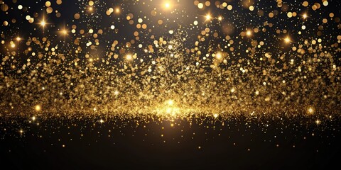 Black festive background with abstract scattering of gold sparkles, selective focus and glowing particles falling, Holiday