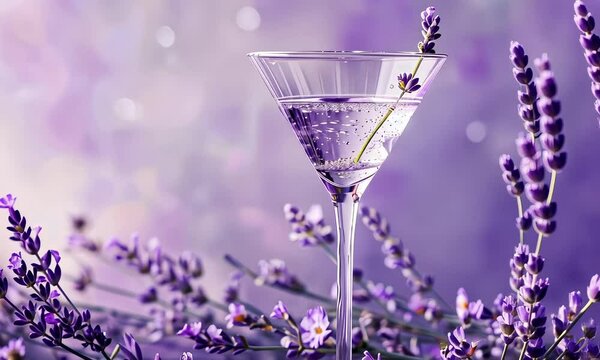 Elegant cocktail glass with lavender flowers on purple background