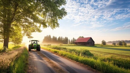 Fototapeta premium Tranquil Farm Scene with Tractor and Barn at Sunrise