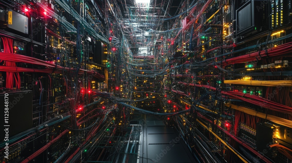 Poster a wide-angle shot of an organized computer wiring room, with neatly arranged cables running across t