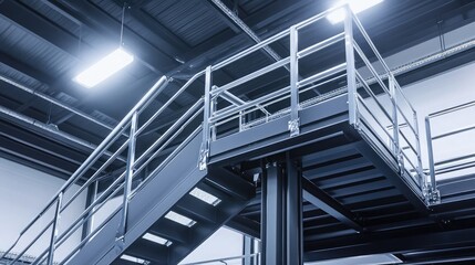 Modern Industrial Staircase with Steel Railing in Bright Warehouse Environment Featuring Open Space, Metal Structure, and Contemporary Design Elements
