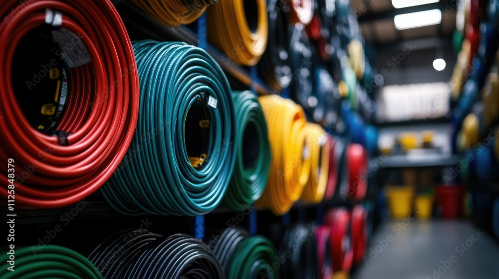 Poster a wide-angle shot of coiled hoses in various hues, carefully arranged in a warehouse for easy access
