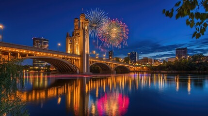 Spectacular Fireworks Display Over Urban Bridge at Night with Cityscape Reflected in Serene River Waters Captivating Evening Vibes and Celebration Atmosphere