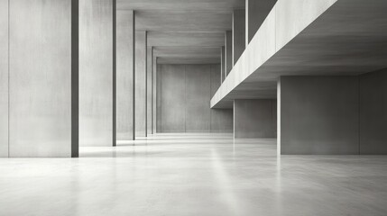 Obraz premium Empty Modern Interior with Concrete Walls and Columns, Minimalistic Design Space for Contemporary Architecture, Industrial Style, No People, Bright Lighting