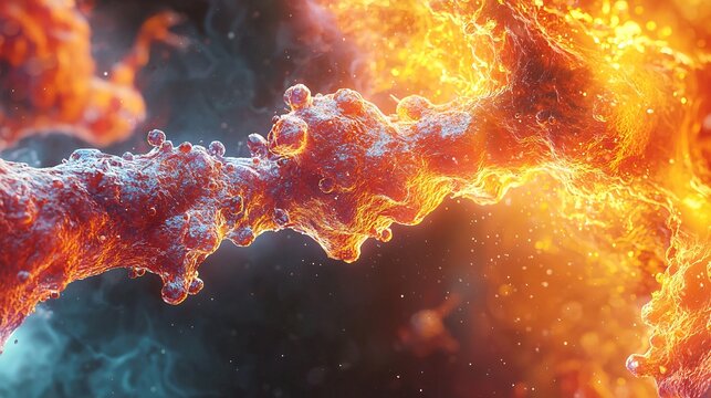 A vibrant nanotechnology visualization showing molecular interactions at a microscopic level Stock Photo with side copy space