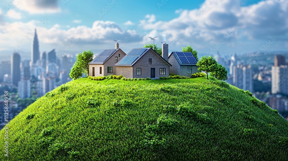 Poster A conceptual illustration of renewable energy sources integrating seamlessly into urban design Stock Photo with side copy space