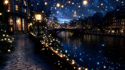 Fototapeta premium nighttime cityscape with starry sky and canal, festive lights on buildings and bridge, for website or presentation background