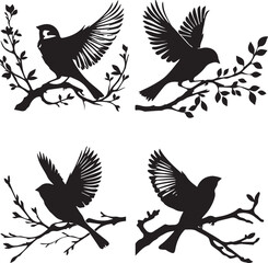 Bird Silhouettes on Branches - Vector Illustration Set