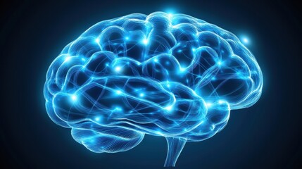 A close view reveals a brain illuminated by vibrant blue neural pathways, providing space for additional content or text. Generative AI
