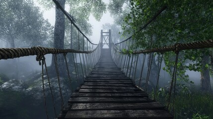 A wooden suspension bridge stretches through a lush, misty forest, inviting exploration with its rustic charm and tranquil surroundings