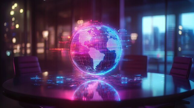 Colorful holograms connected on a table with a 3D holographic world creation.