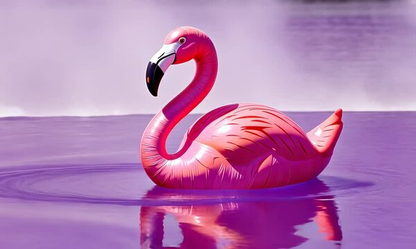 Pink flamingo float on serene water against light purple background