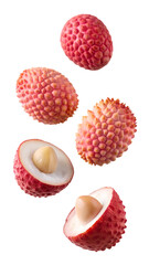 flying lychee fruit and half slices isolated on transparent white background, clipping path
