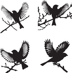 Bird Silhouettes on Branches - Vector Illustration Set