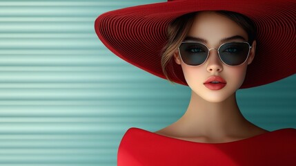A chic fashion shot featuring a red dress with a dramatic silhouette, accessorized with glamorous sunglasses and a statement hat, illuminated by soft natural light that highlights the vibrant 
