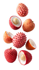 flying lychee fruit and half slices isolated on transparent white background, clipping path