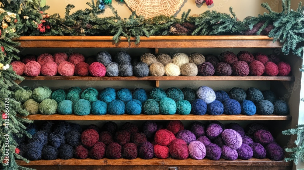 Poster an organized array of colorful yarn balls on wooden shelves, showcasing an assortment of hues for cr