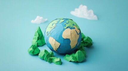 Fototapeta premium Crafted Earth Globe in Papercraft Style with Lush Nature Backdrop