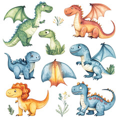 Naklejka premium Adorable Watercolor Dinosaurs: A Collection of Cute Prehistoric Creatures