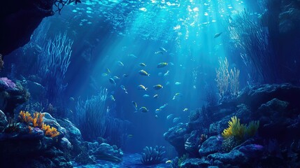 Obraz premium An underwater view of vibrant fish schools gracefully moving through coral formations, highlighting the dynamic beauty of marine life in tropical waters