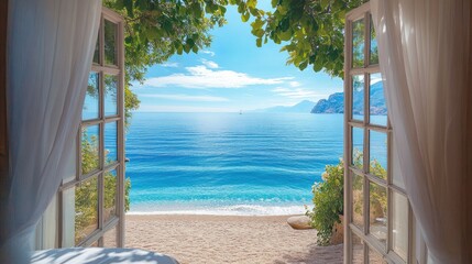 Breathtaking view from a room's open window, looking out over the deep blue Mediterranean sea and pristine beach, bathed in sunlight