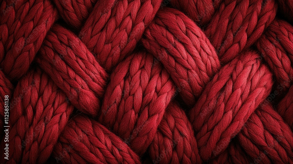 Poster Close-up of a warm knitted wool texture in red tones, showcasing an intricate braid pattern perfect for textile design backgrounds with soft lighting
