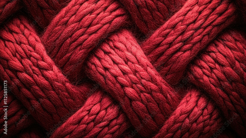Poster Close-up of a warm knitted wool texture in red tones, showcasing an intricate braid pattern perfect for textile design backgrounds with soft lighting