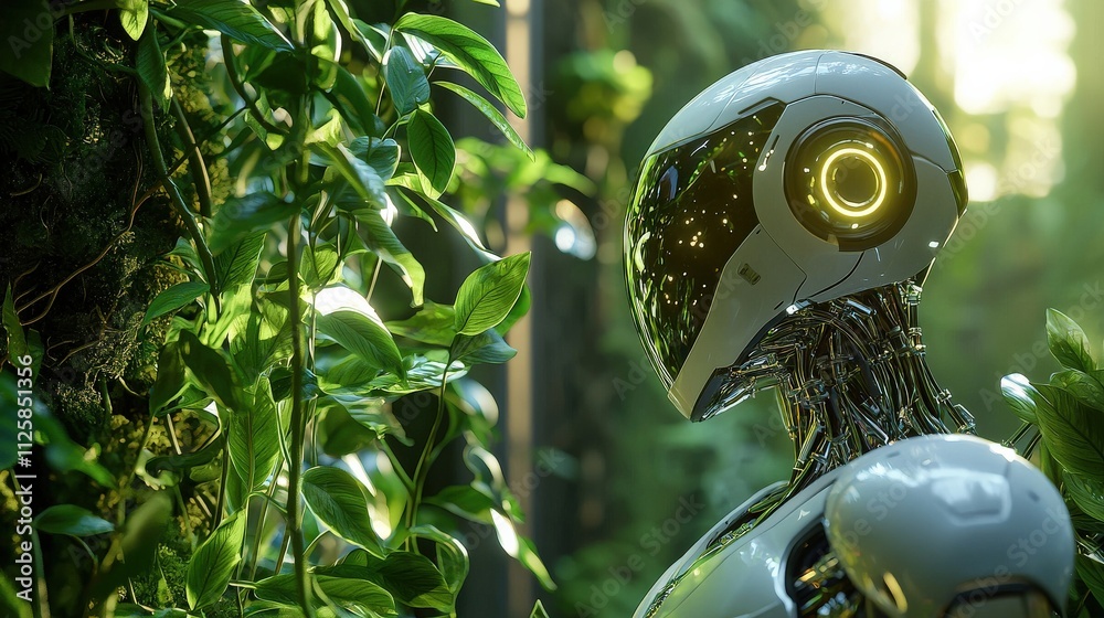 Poster a futuristic robot exploring a lush jungle filled with exotic plants and glowing flora
