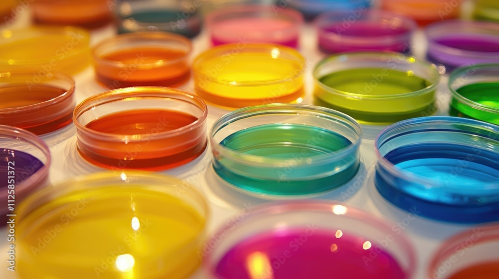 Poster close-up of rows of colorful petri dishes in a lab, each containing a different vibrant culture or s