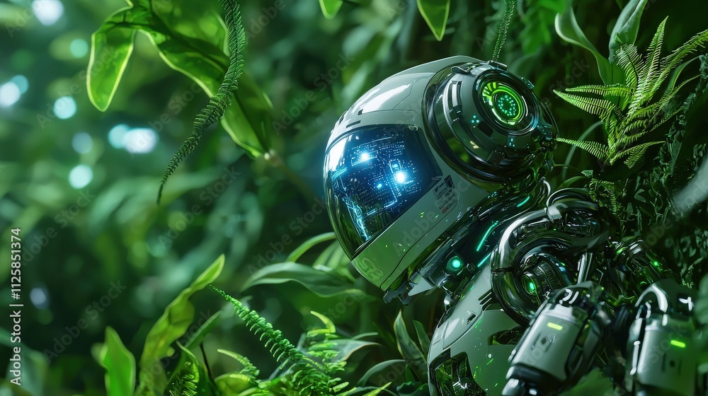 Poster a futuristic robot exploring a lush jungle filled with exotic plants and glowing flora