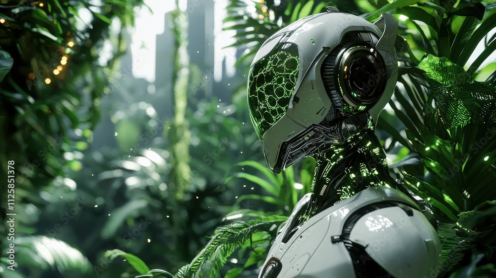 Poster a futuristic robot exploring a lush jungle filled with exotic plants and glowing flora