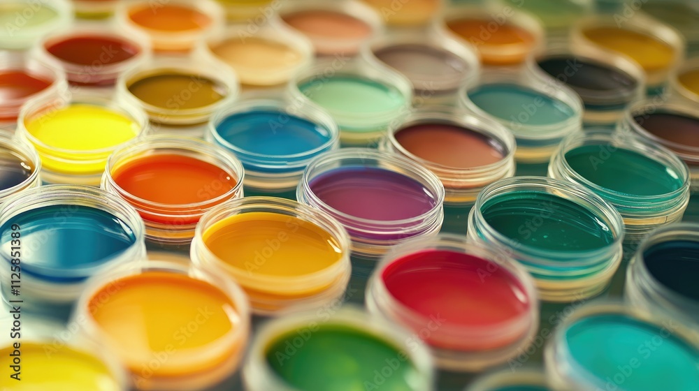 Poster Close-up of rows of colorful petri dishes in a lab, each containing a different vibrant culture or solution.