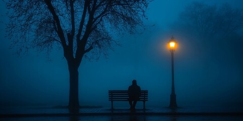 Fototapeta premium A solitary figure on a park bench at night, enveloped in fog and shadows, evoking themes of loneliness and introspection, perfect for mental health awareness campaigns or artistic projects.
