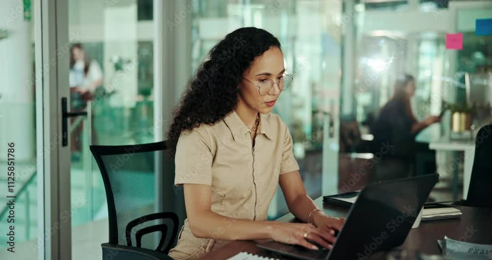 Poster Laptop, problem solving and solution with designer woman in office for programming or troubleshooting. Analysis, computer and web development with creative employee in workplace for software coding