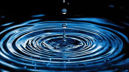 Water droplet on a black background, with water ripples and splash, in shades of blue